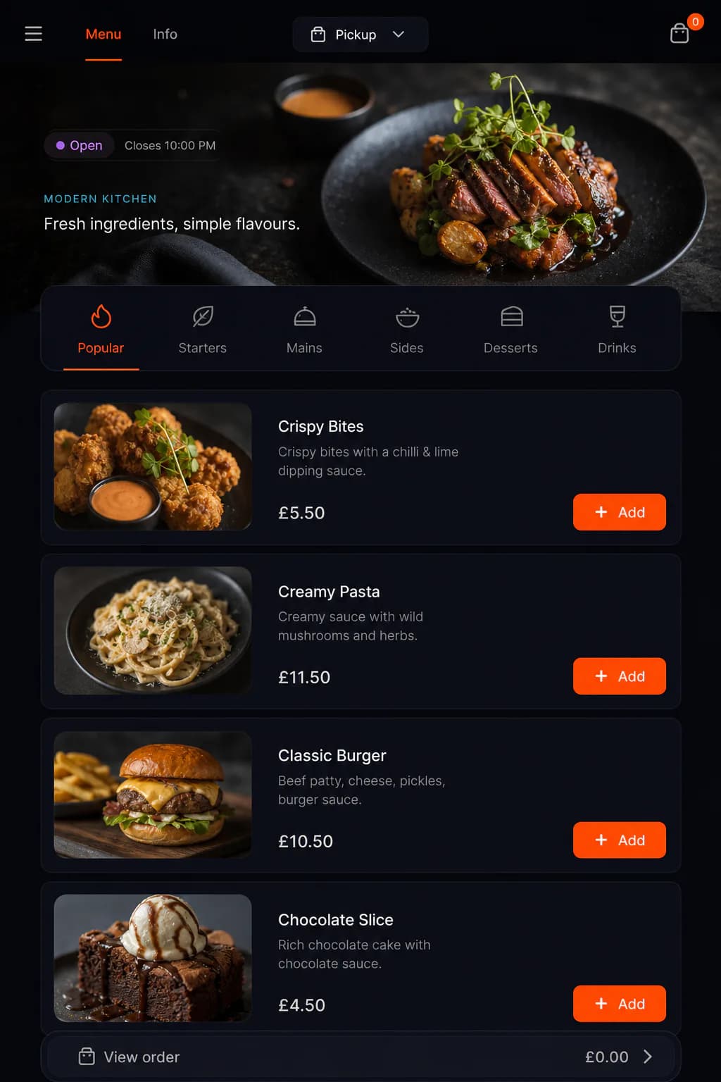 Restaurant storefront mobile preview