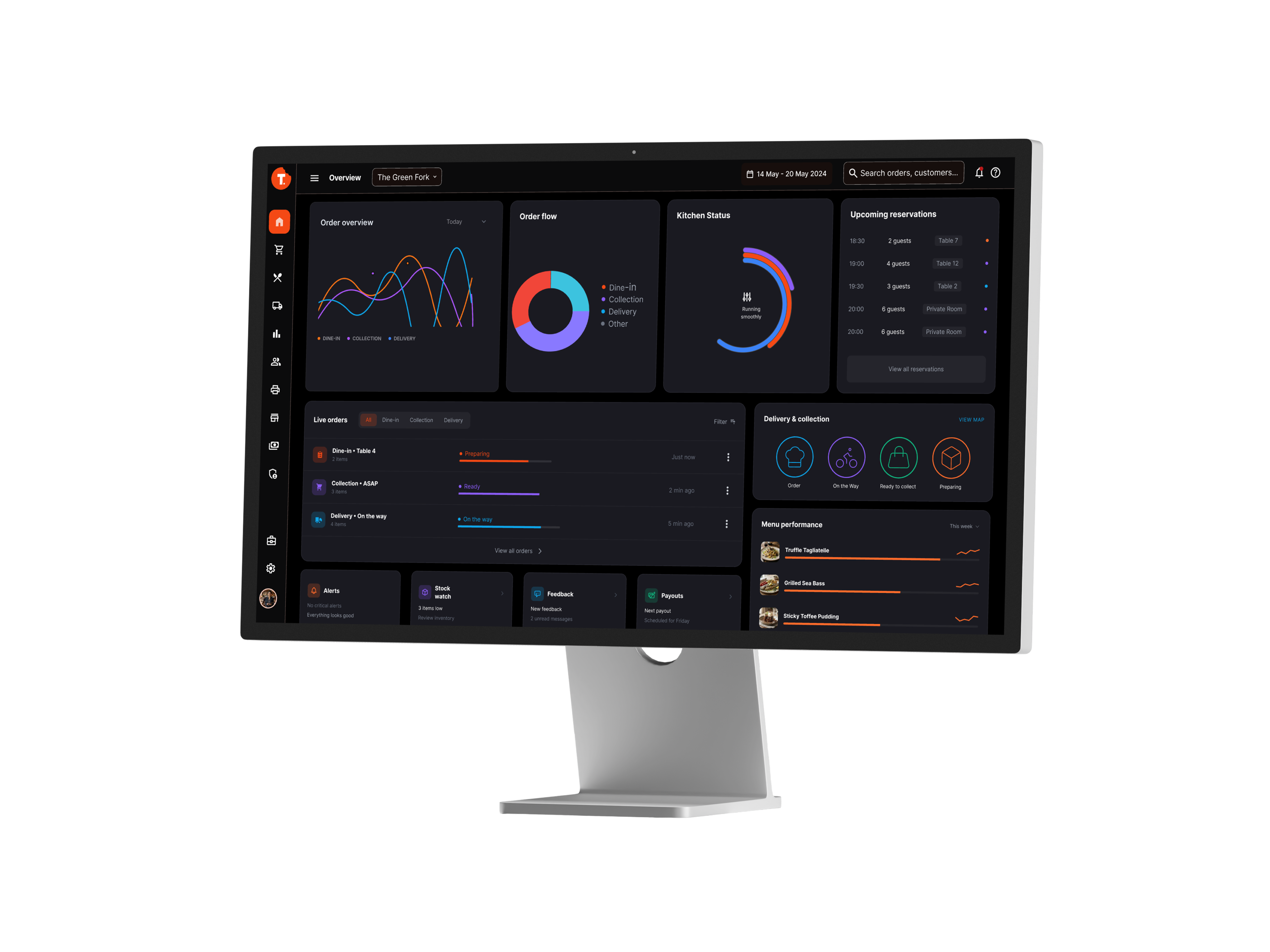 TabTake restaurant management dashboard showing live orders, reservations and delivery status
